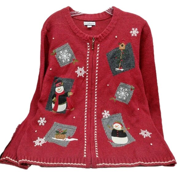 Croft & Barrow Cardigan Christmas Sweater Size Medium Red Snowman Birdhouse - Picture 1 of 12